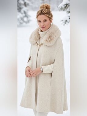 Vince Camuto Oat Cape Coat Faux Fur Collar Poncho Wrap OS Timeless Elegant